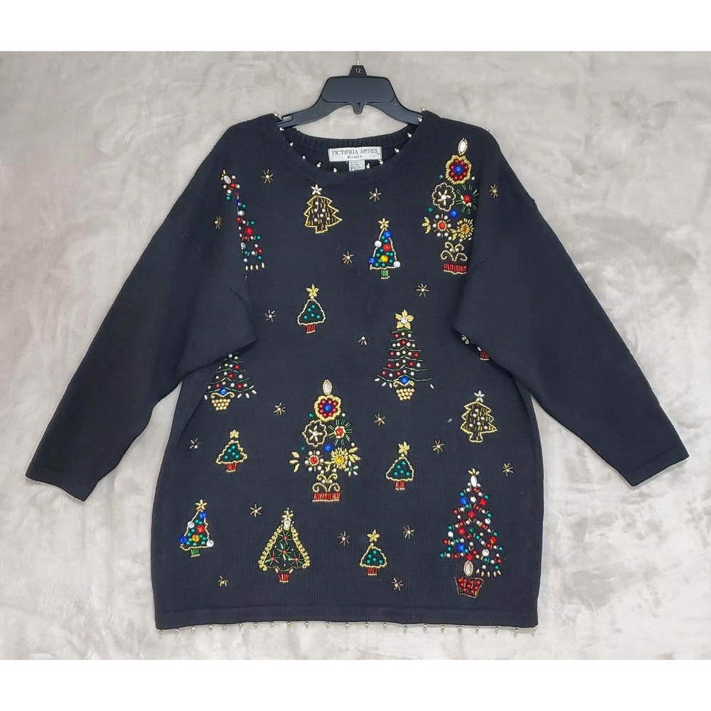 Vtg Victoria Jones Christmas Sweater‎ Knit Black Beaded Embroidered Trees EUC